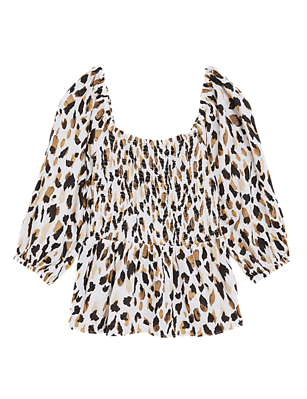 Pure Linen Animal Print 3/4 Sleeve Blouse