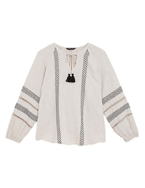 Pure Linen Embroidered Tie Neck Blouse