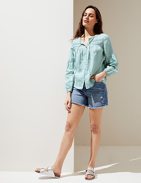 Pure Linen Tie Neck 3/4 Sleeve Blouse