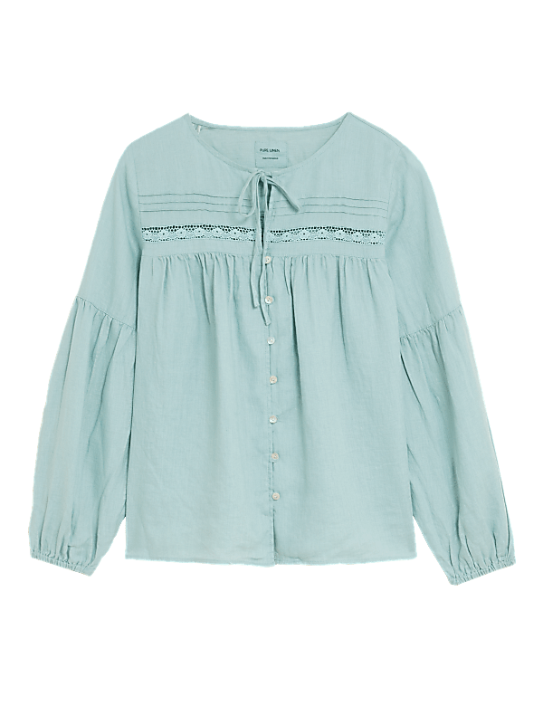 Pure Linen Tie Neck 3/4 Sleeve Blouse