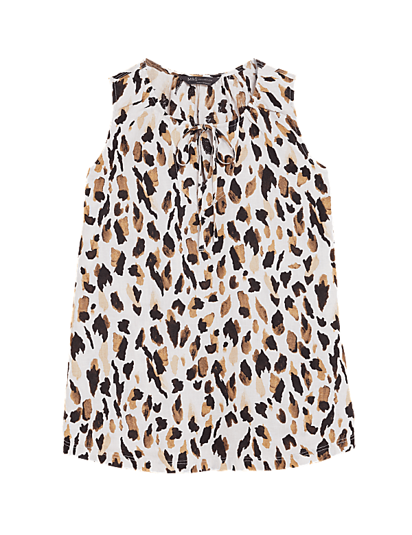 Pure Linen Animal Print Tie Neck Vest Top