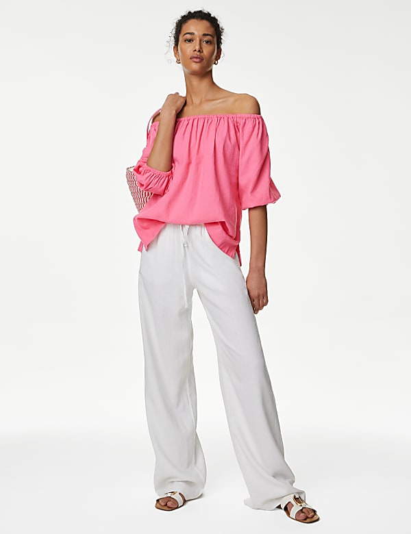 Linen Rich Bardot Puff Sleeve Blouse