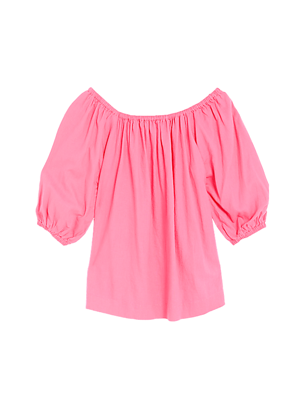 Linen Rich Bardot Puff Sleeve Blouse