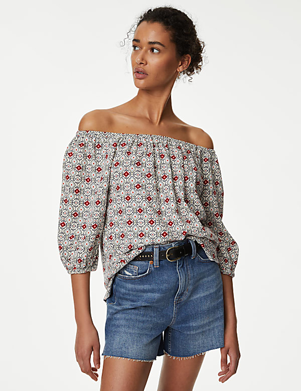 Linen Rich Printed Bardot Blouse