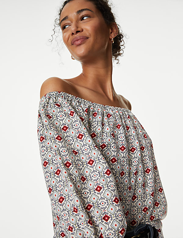 Linen Rich Printed Bardot Blouse