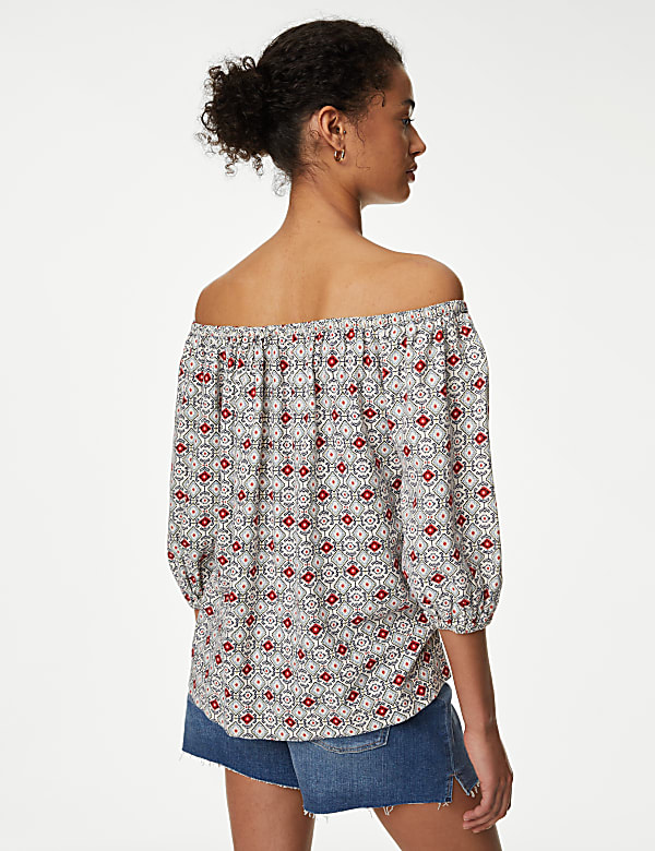 Linen Rich Printed Bardot Blouse