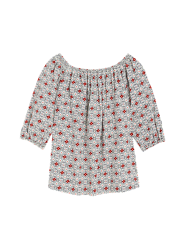 Linen Rich Printed Bardot Blouse