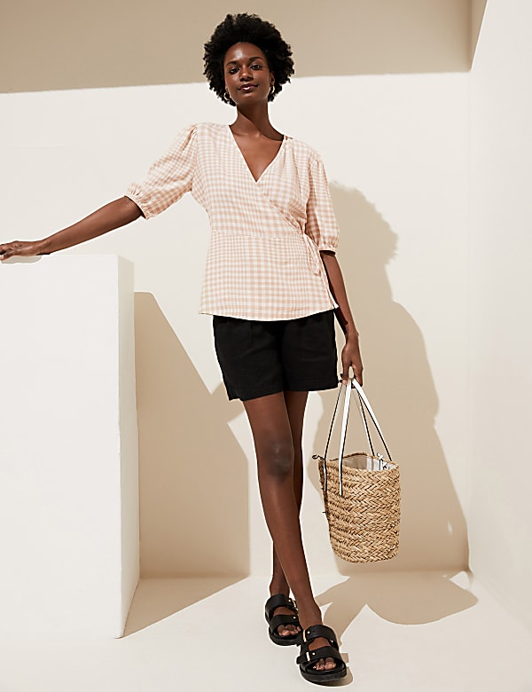 Linen Rich Checked Short Sleeve Blouse