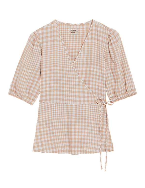 Linen Rich Checked Short Sleeve Blouse