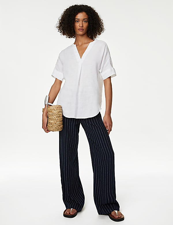 Pure Linen Short Sleeve Popover Blouse - HK