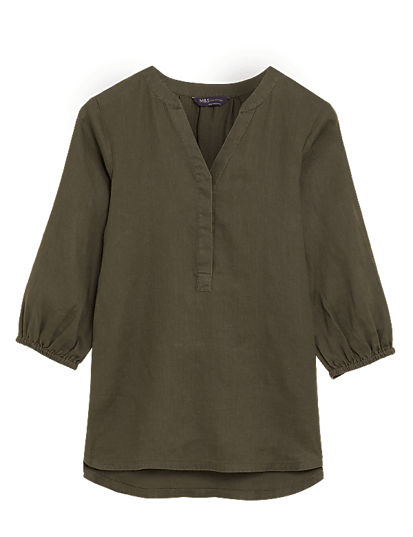 Pure Linen Collarless 3/4 Sleeve Blouse