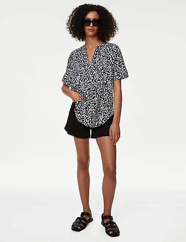 Pure Linen Animal Print Popover Blouse