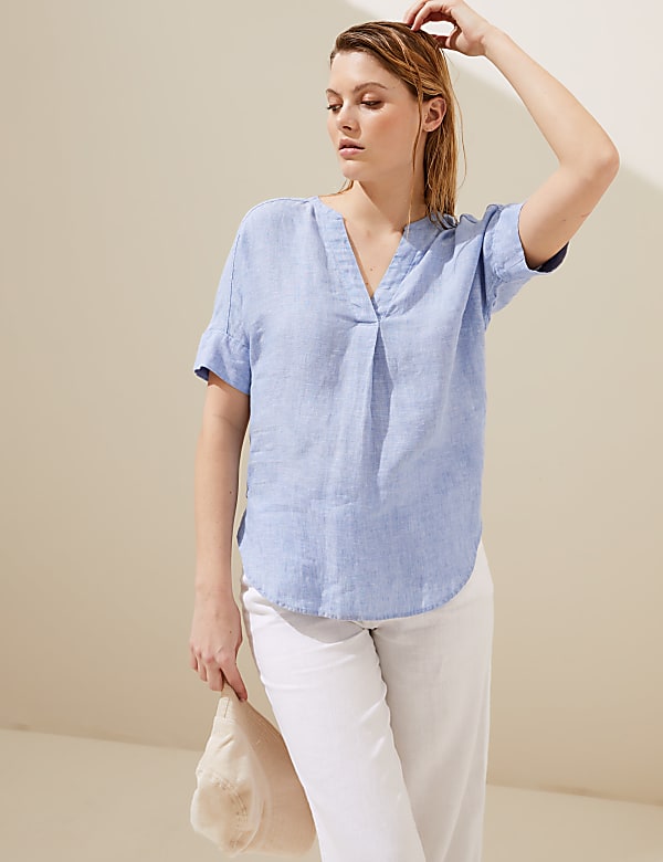 Pure Linen Short Sleeve Popover Blouse LIGHT CHAMBRAY Blouses M S US