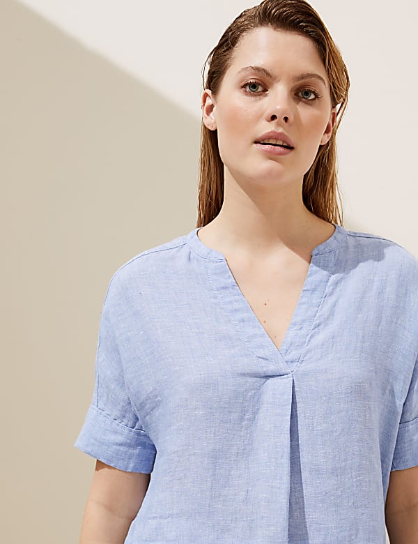 Pure Linen Short Sleeve Popover Blouse