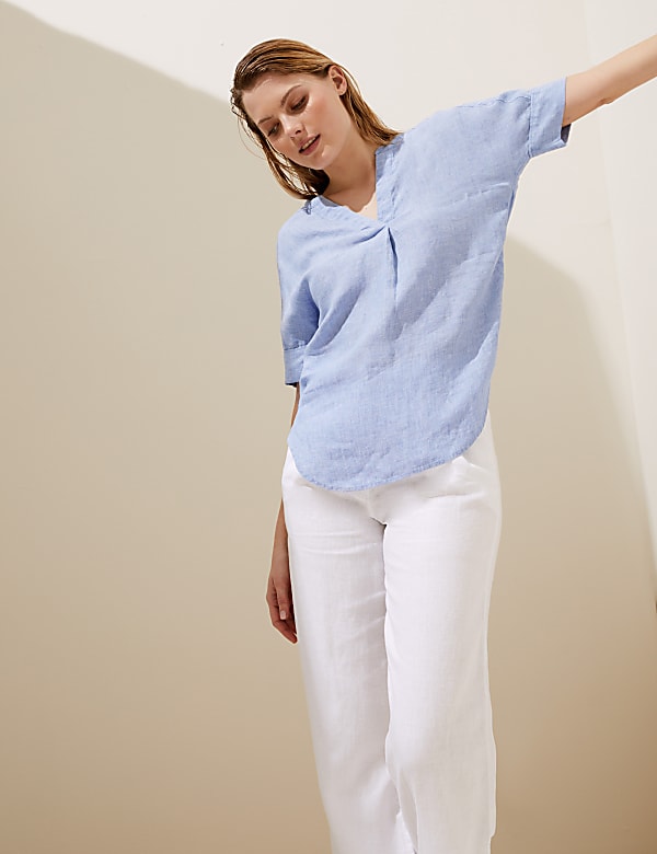 Pure Linen Short Sleeve Popover Blouse