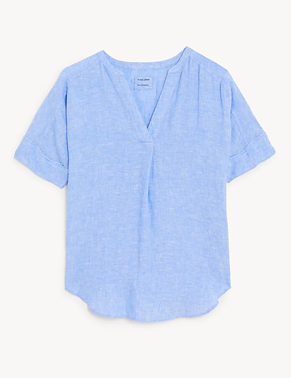 Pure Linen Short Sleeve Popover Blouse - AT