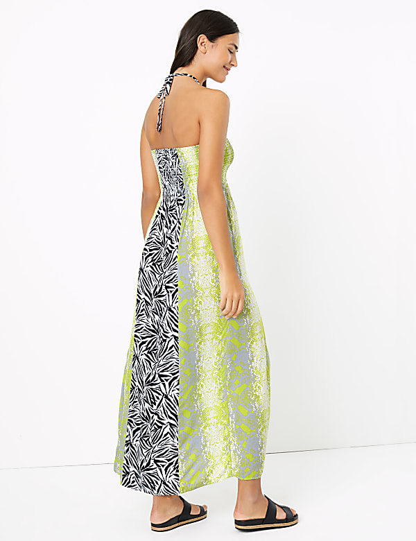 Snake & Leaf Print Shirred Maxi Beach Dress