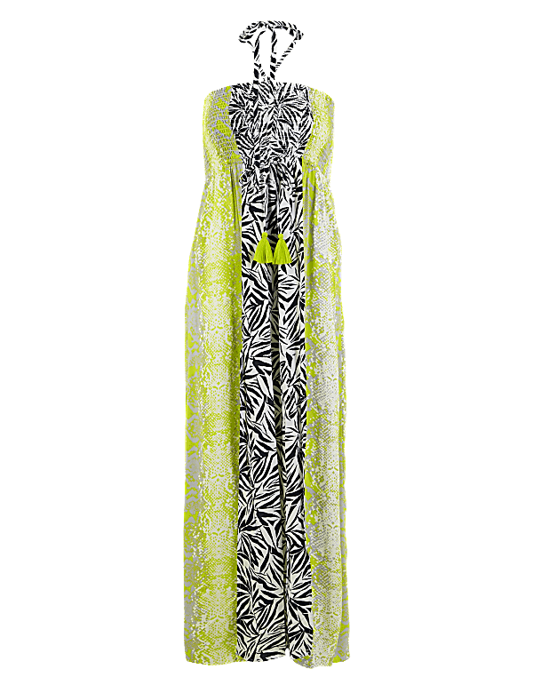 Snake & Leaf Print Shirred Maxi Beach Dress