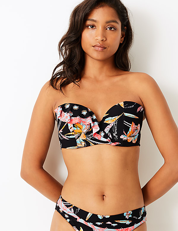Printed Ruffle Padded Bandeau Bikini Top