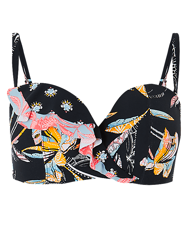 Printed Ruffle Padded Bandeau Bikini Top