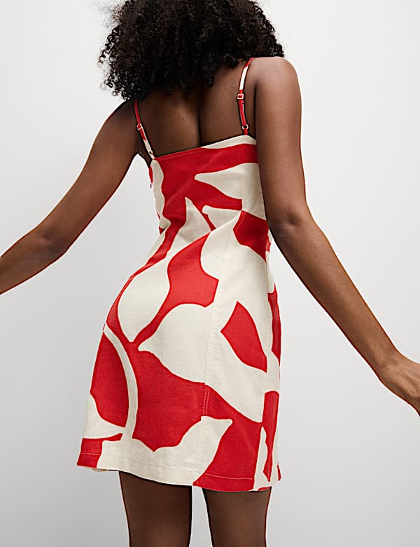 Linen Rich Printed Square Neck Strappy Mini Shift Dress