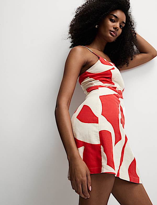 Linen Rich Printed Square Neck Strappy Mini Shift Dress