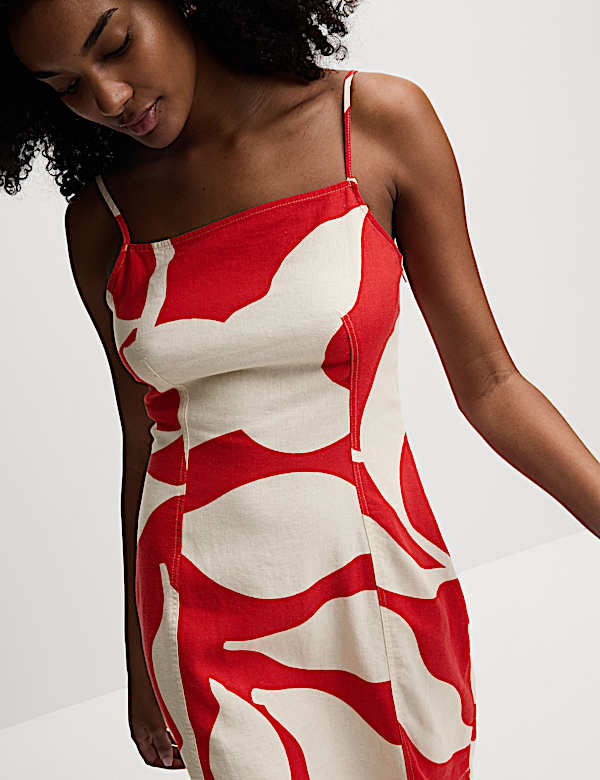 Linen Rich Printed Square Neck Strappy Mini Shift Dress