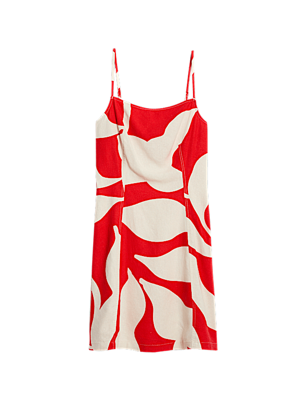 Linen Rich Printed Square Neck Strappy Mini Shift Dress