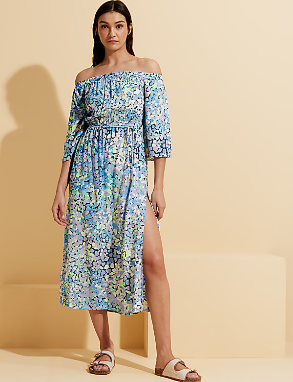 Printed Bardot Midi Beach Dress
