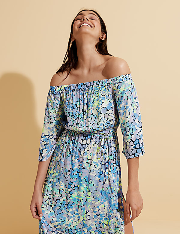 Printed Bardot Midi Beach Dress