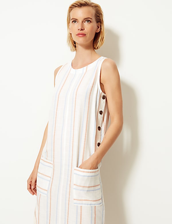 Striped Shift Midi Dress with Linen