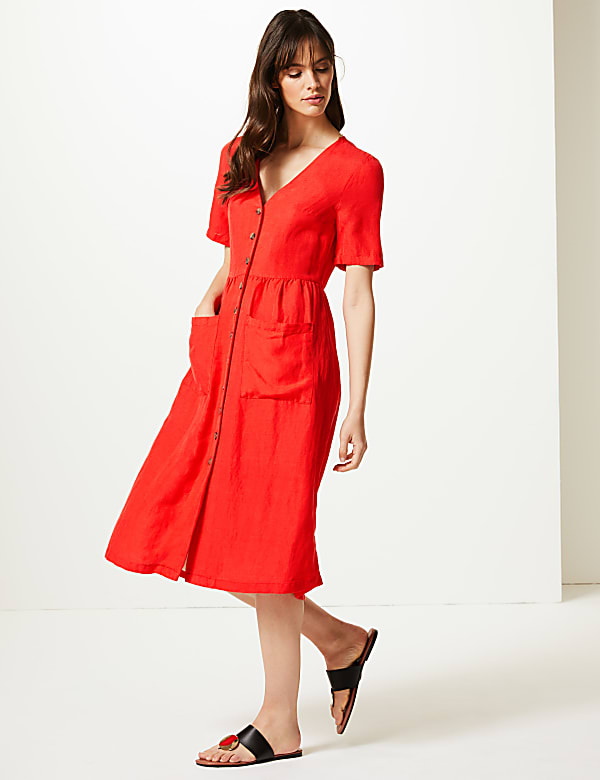 Linen Blend Button Front Waisted Midi Dress
