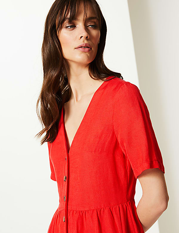 Linen Blend Button Front Waisted Midi Dress