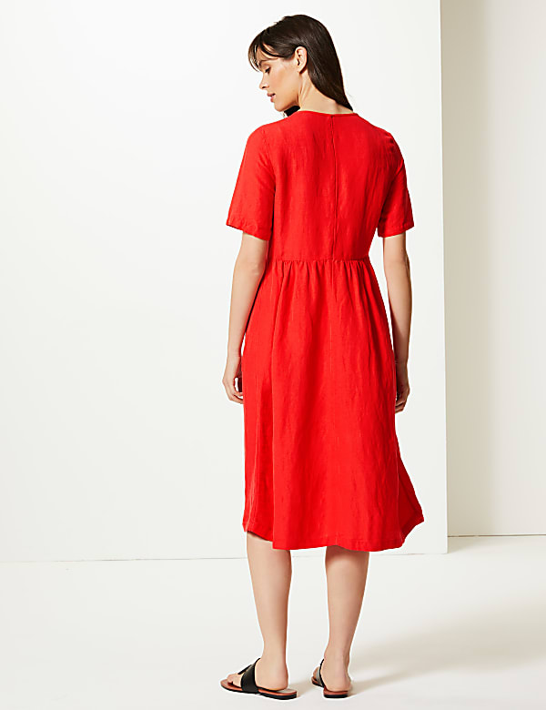 Linen Blend Button Front Waisted Midi Dress