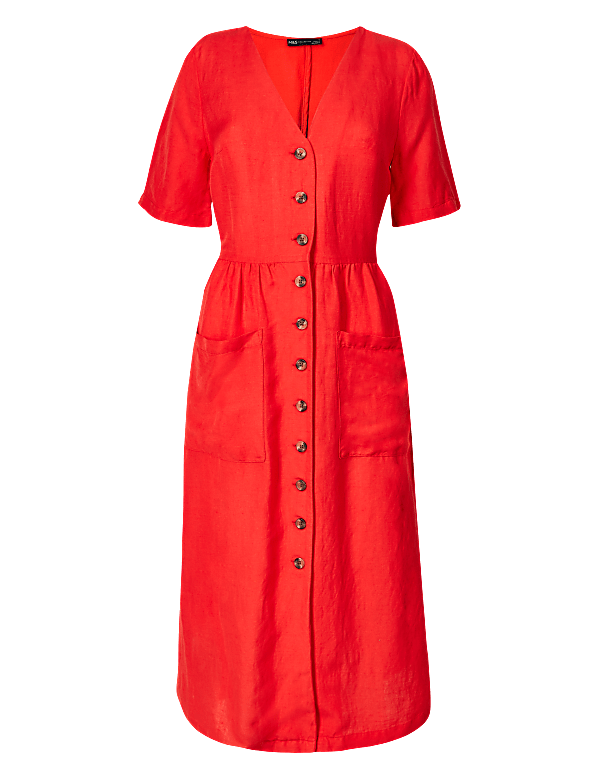 Linen Blend Button Front Waisted Midi Dress