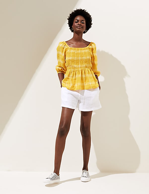 Pure Linen Checked Square Neck Shirred Top