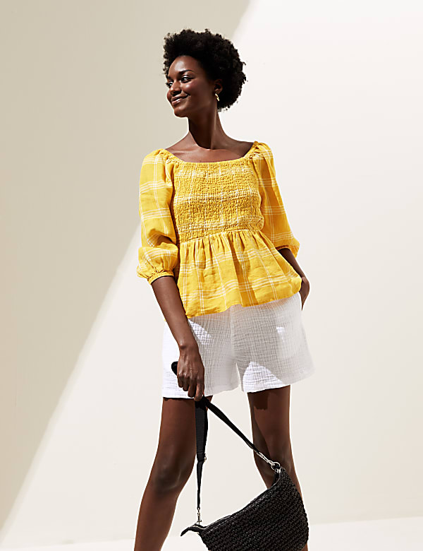 Pure Linen Checked Square Neck Shirred Top