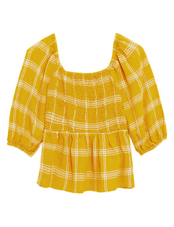 Pure Linen Checked Square Neck Shirred Top