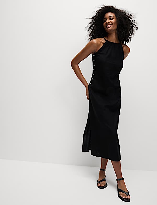 Linen Rich Strappy Button Detail Midi Dress - US