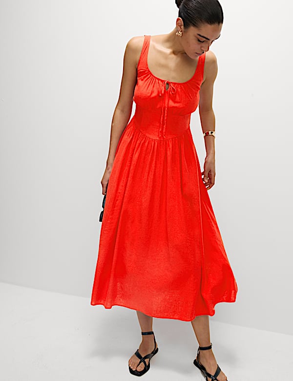 Linen Rich Round Neck Strappy Midi Swing Dress - GR