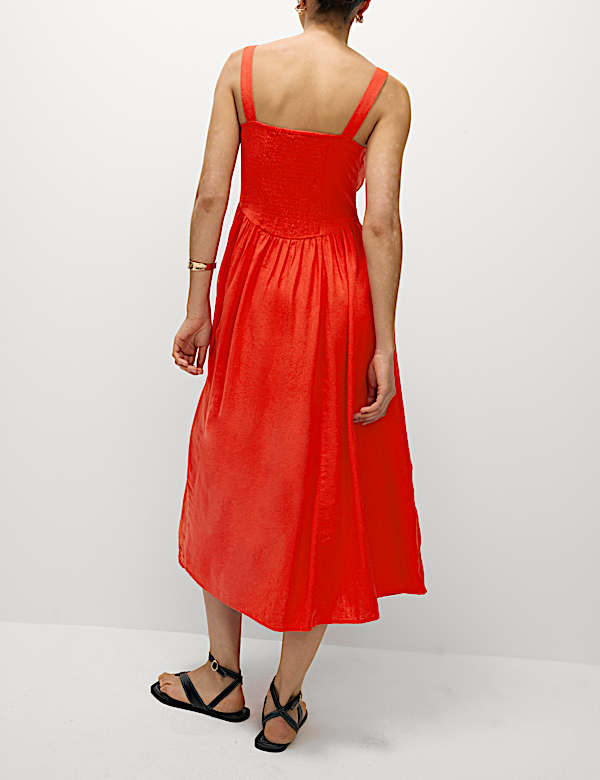 Linen Rich Round Neck Strappy Midi Swing Dress - TW