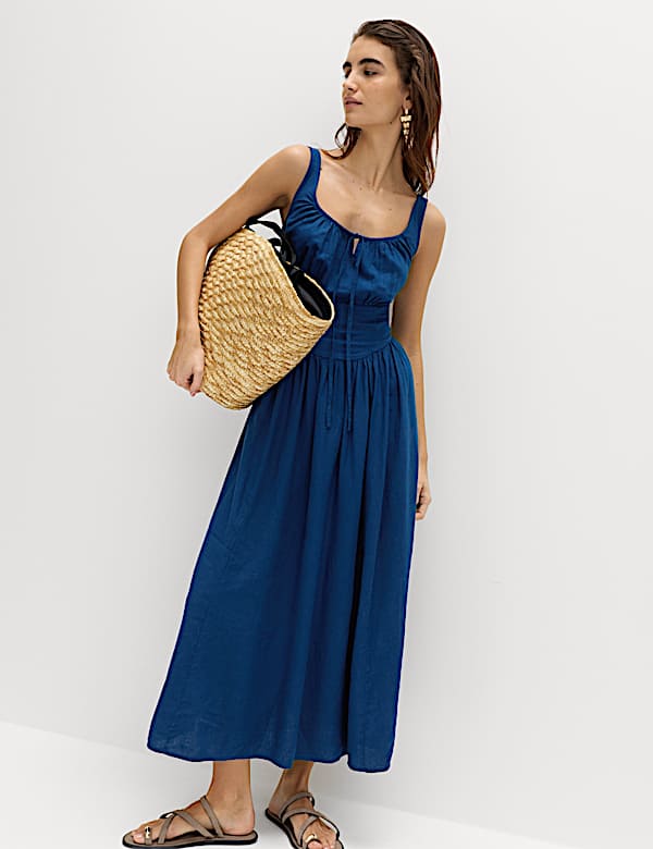 Linen Rich Round Neck Strappy Midi Swing Dress - TW
