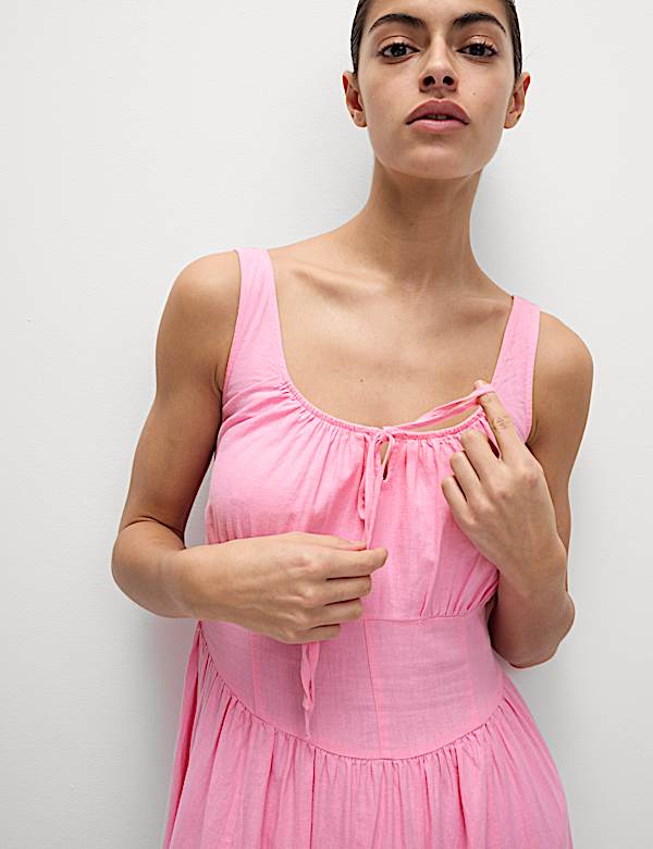 Linen Rich Round Neck Strappy Midi Swing Dress - GR