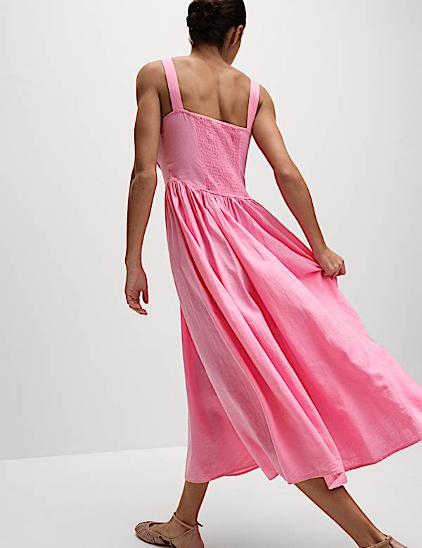 Linen Rich Round Neck Strappy Midi Swing Dress - GR