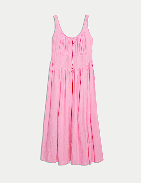 Linen Rich Round Neck Strappy Midi Swing Dress - GR