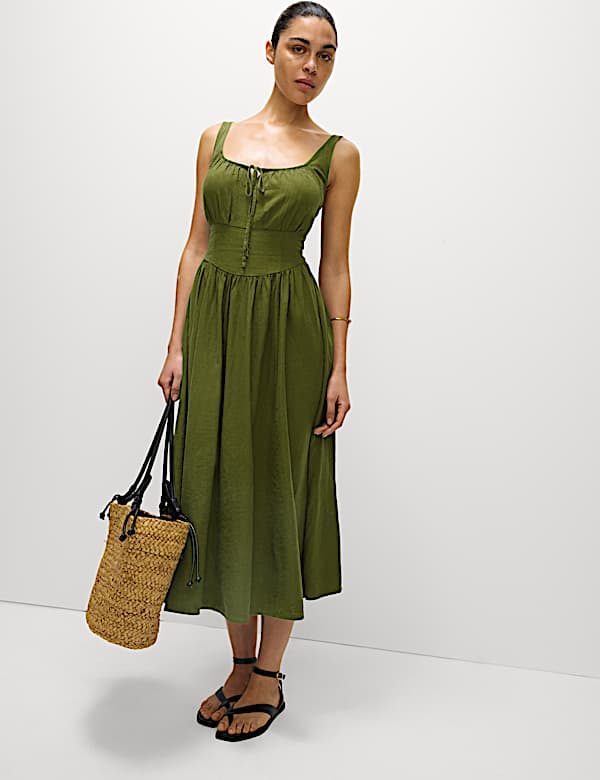 Linen Rich Round Neck Strappy Midi Swing Dress - CY