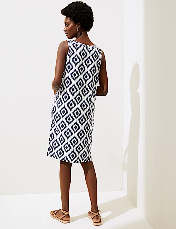 Linen Blend Printed Scoop Neck Shift Dress - CZ