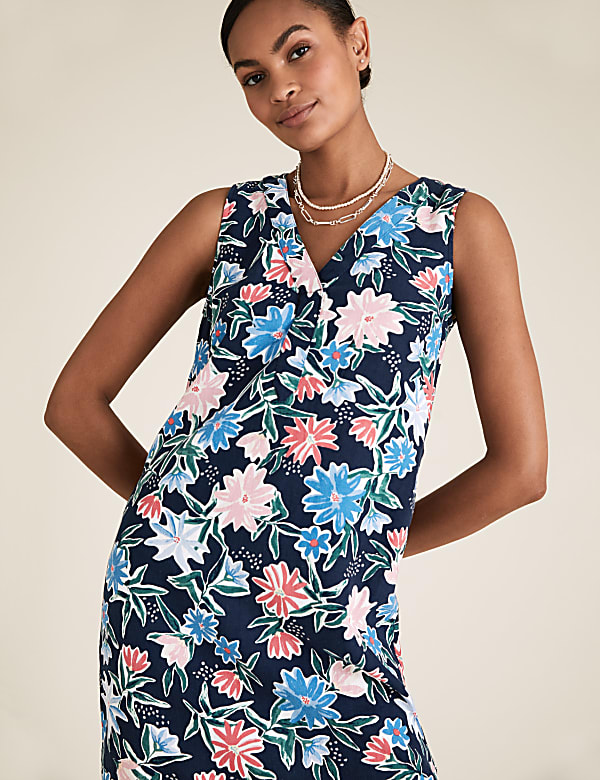 Linen Blend Floral V-Neck Shift Dress