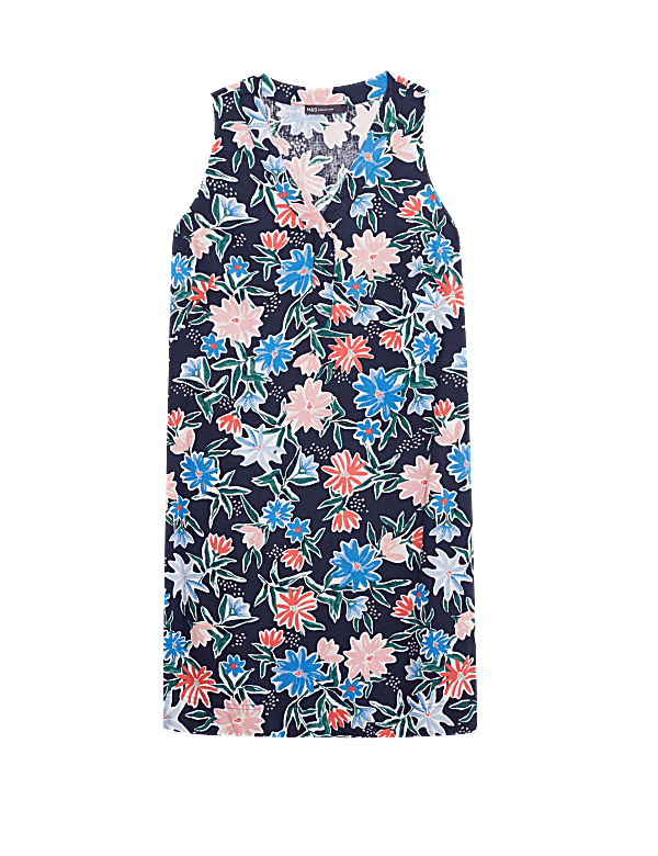 Linen Blend Floral V-Neck Shift Dress
