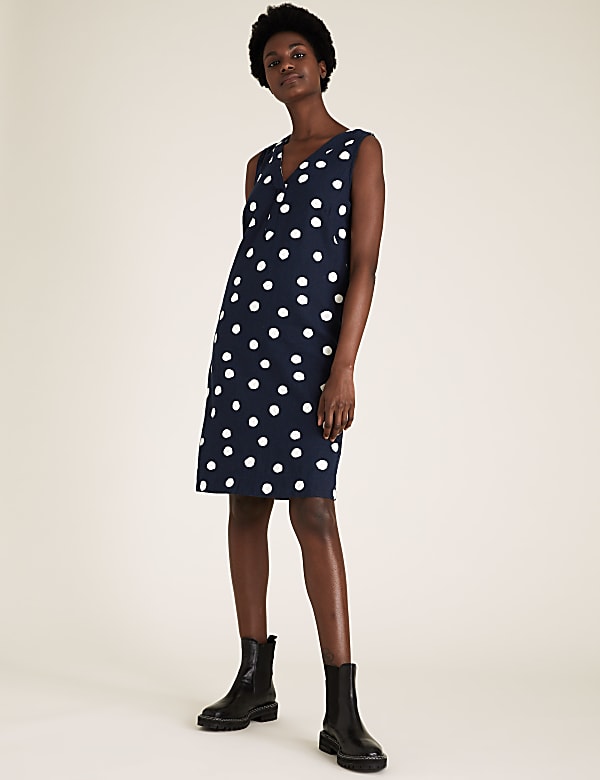 Linen Blend Polka Dot Shift Dress